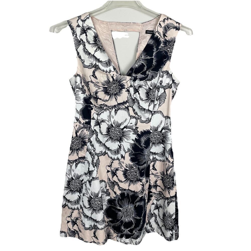 Karen Millen Fit and Flare Skater Dress Size 8 Pink Black Floral Tropical Party